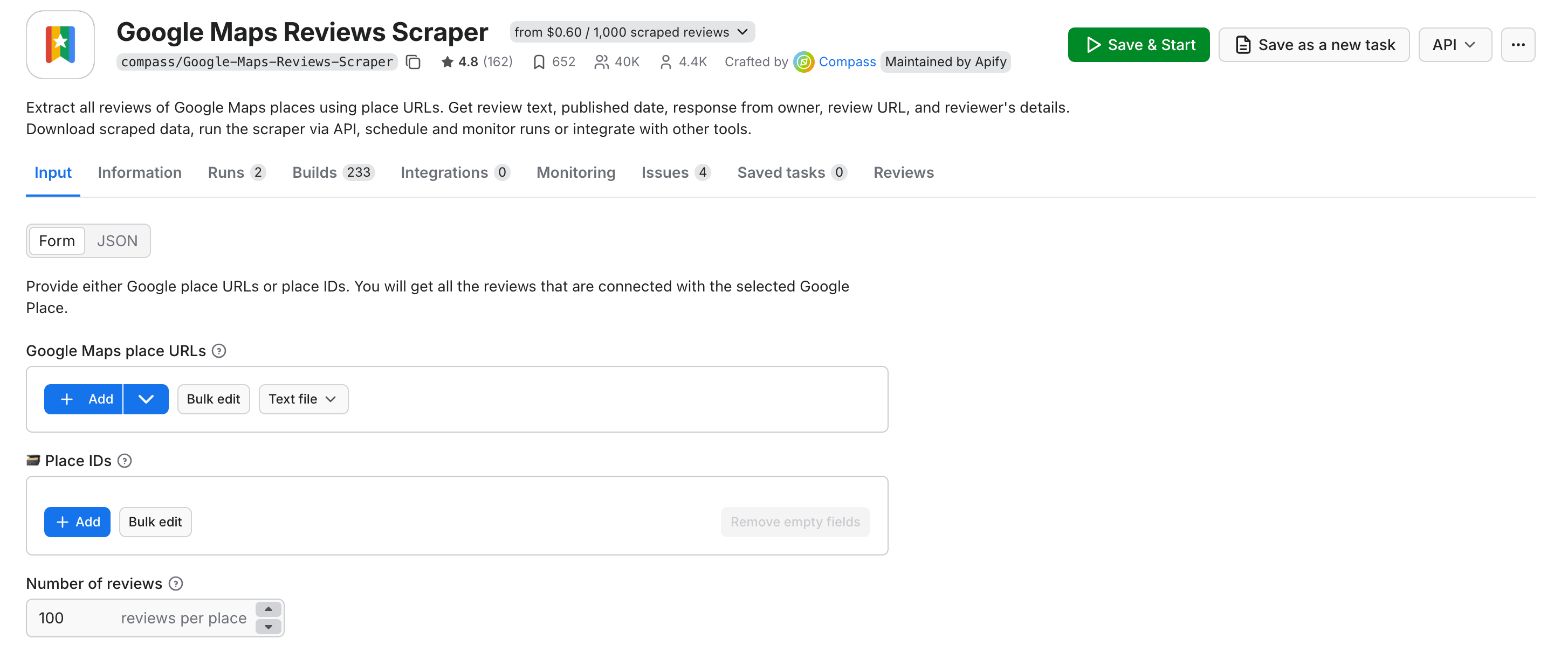 Capture d'écran de la page de configuration de l'acteur Apify Google Maps Reviews Scraper