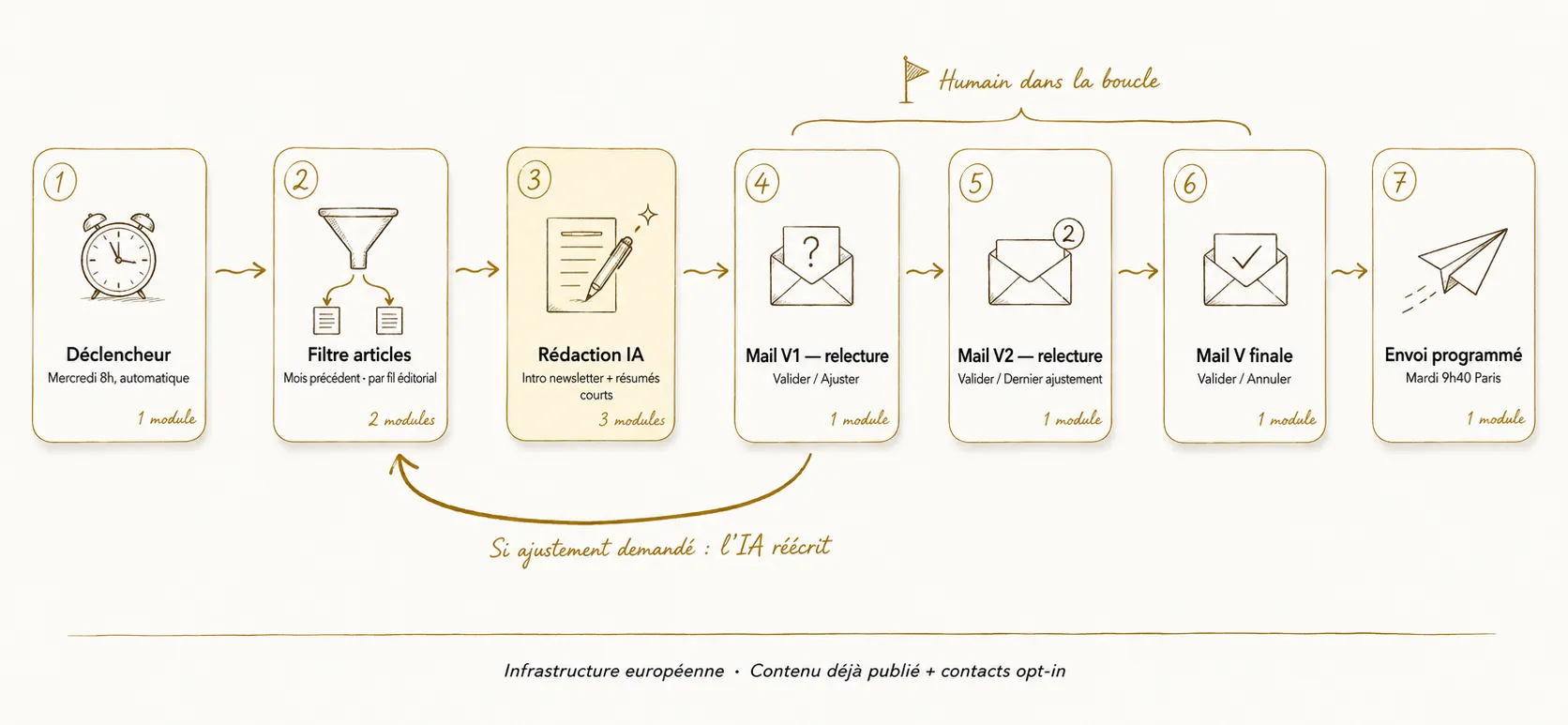 Détail technique du pipeline newsletter Send-and-Wait : déclenchement mercredi 8h, filtre articles du mois précédent par fil éditorial, rédaction IA intro et résumés, mail V1 de relecture cabinet, boucle d'ajustement IA si demandée, mail V finale, envoi programmé mardi 9h40.