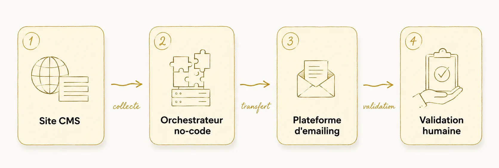 Schéma du flux d'automatisation newsletter en 4 étapes : site CMS, orchestrateur no-code sur serveur européen, plateforme d'emailing, validation humaine par l'avocat.